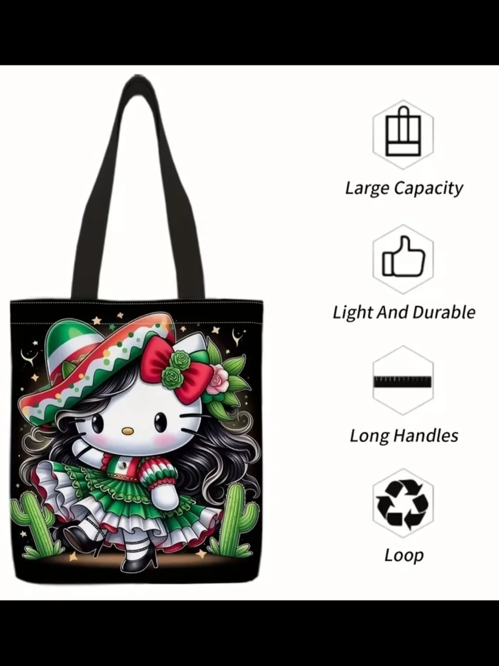 Hello Kitty Black Tote with Green and Red Fiesta Dress Print